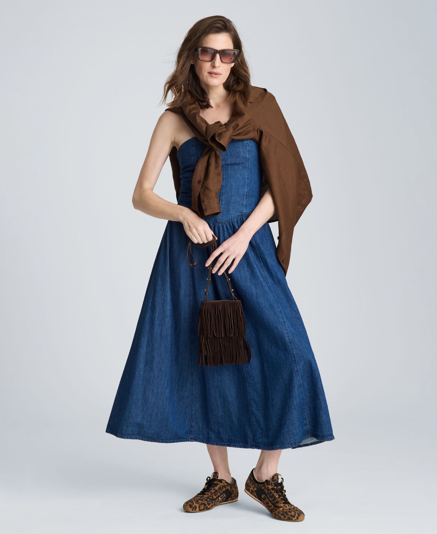 Women's Strapless Bustier Denim Midi Dress