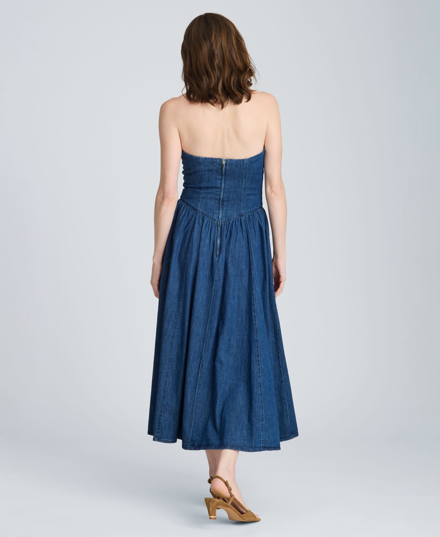 Women's Strapless Bustier Denim Midi Dress