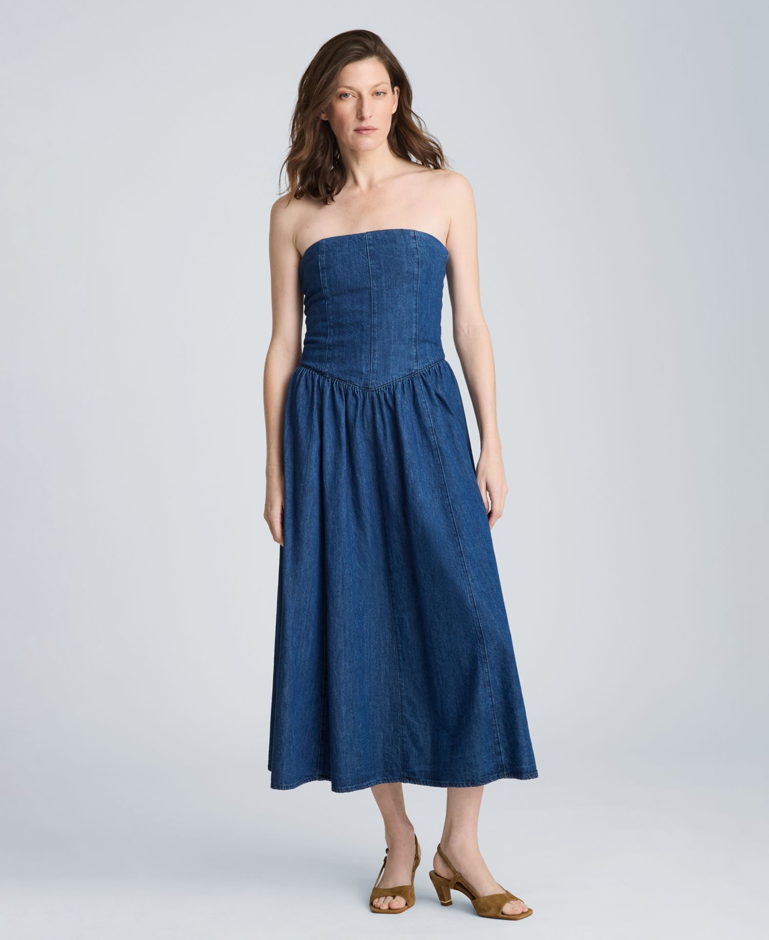 Women's Strapless Bustier Denim Midi Dress