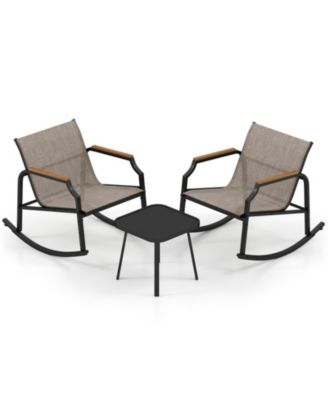 3-Piece Patio Rocking Bistro Set with Tempered Glass Table and Wood-Plastic Arms