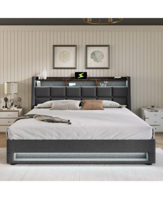 Full size Upholstered Platform bed with a Hydraulic Storage System, LED and USB Charging