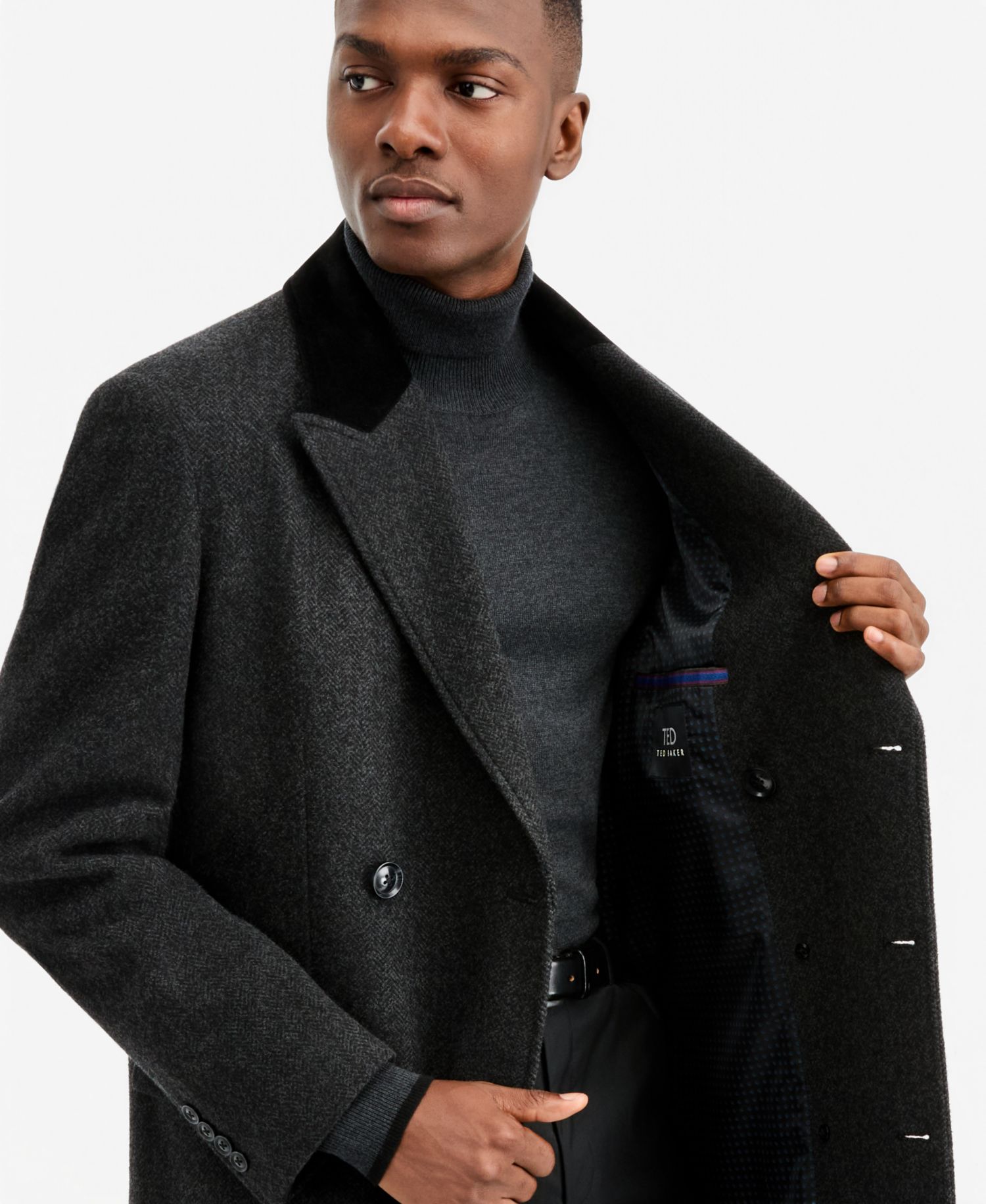 Men's Modern-Fit Herringbone Charcoal Overcoat