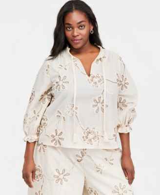 Plus Size Split V-Neck Tie Cotton Blouse