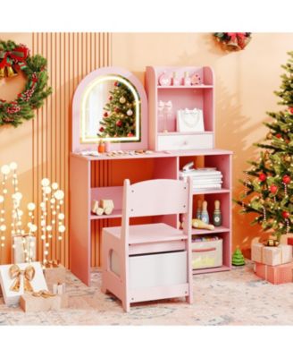 Kids Makeup Vanity Desk and Chair Set with 3-Color LED Mirror