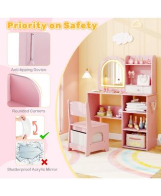 Kids Makeup Vanity Desk and Chair Set with 3-Color LED Mirror