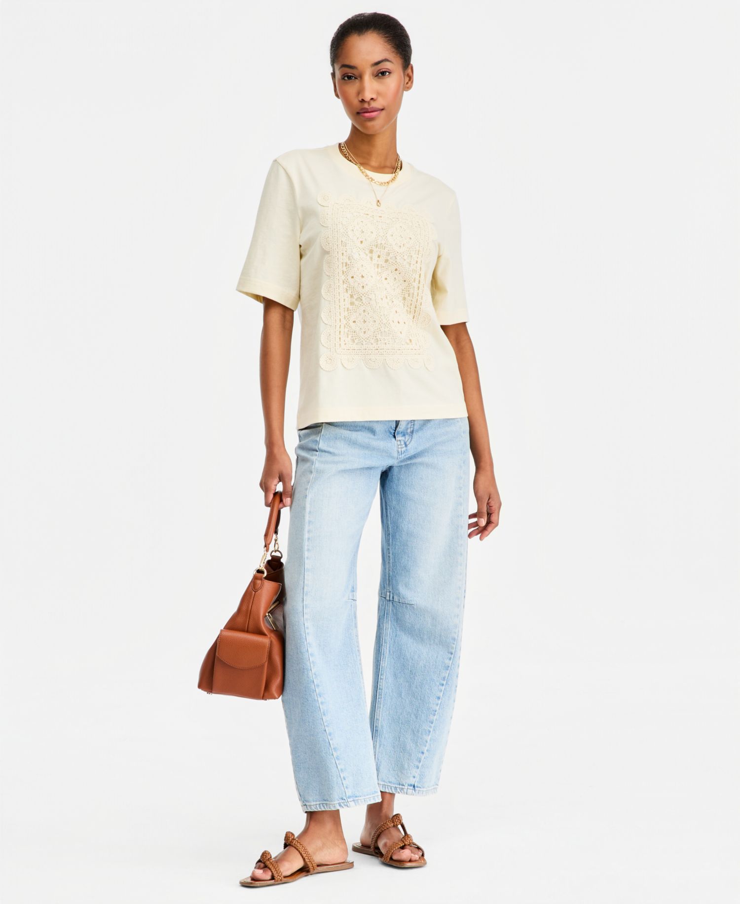 Women's Oversized Crochet Patch Cotton Jersey T-Shirt
