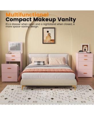 3-in-1 Compact Vanity Desk with Mirror and Adjustable LED Lights, Dressing Table Set with Storage and Rolling Chair, For Girls' Bedrooms