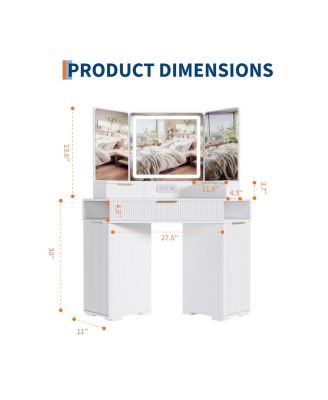 Corner Vanity, Corner Vanity Desk with Mirror and Lights, Fluted Makeup Table with Charging Station, Drawers, Storage Cabinets