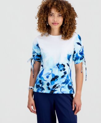 Petite Cotton Placed-Print Tie-Sleeve Top