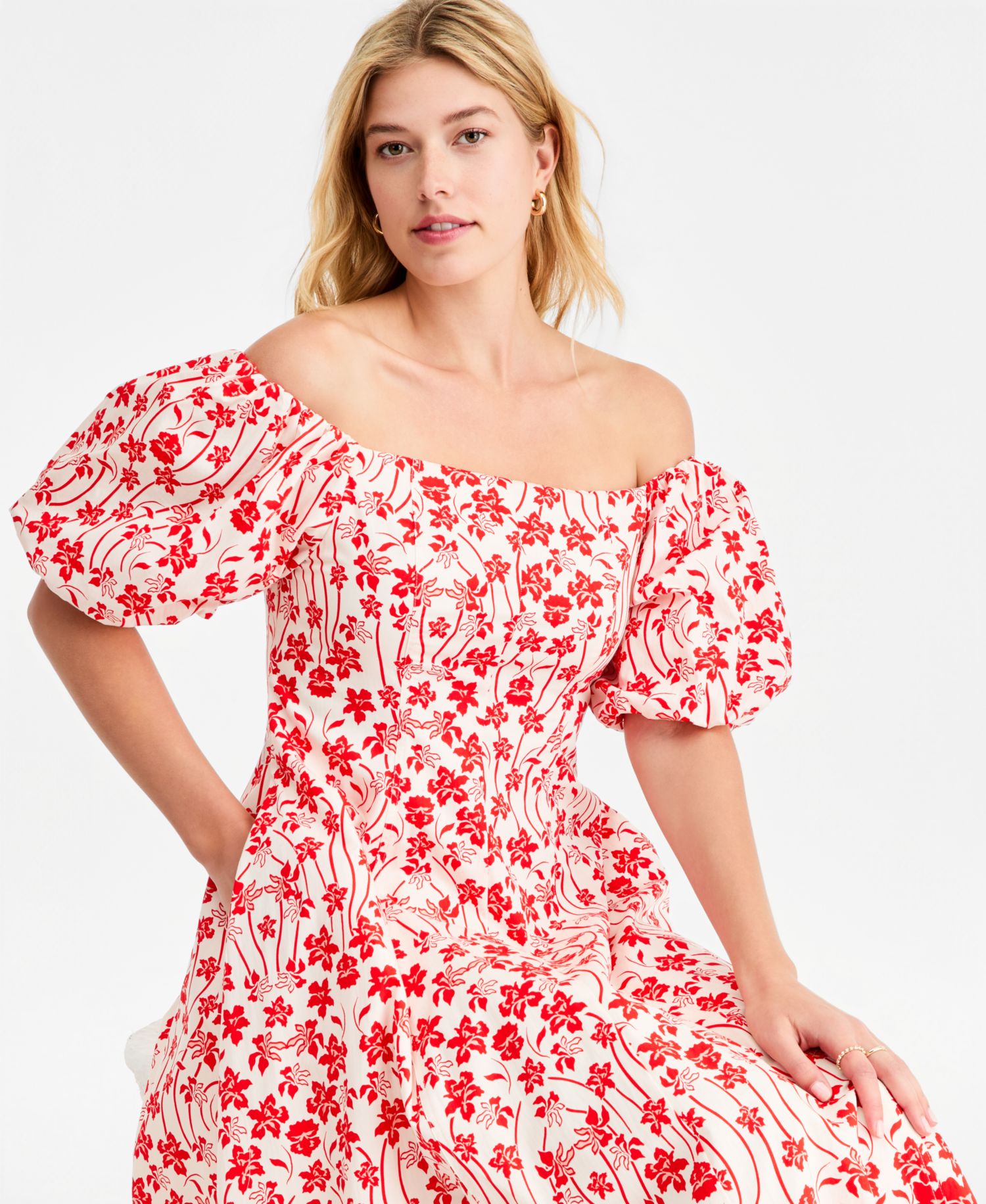 Women's Off-The-Shoulder Puff-Sleeve Midi Dress