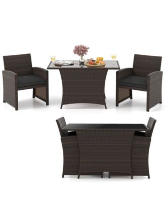 3-Piece Patio Wicker Dining Set with Tempered Glass Table and 2 Cushioned Chairs