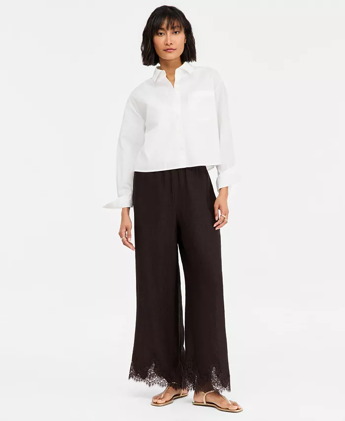 Women's Crinkle Satin Lace-Hem Pull-On Pants - thumbnail 3