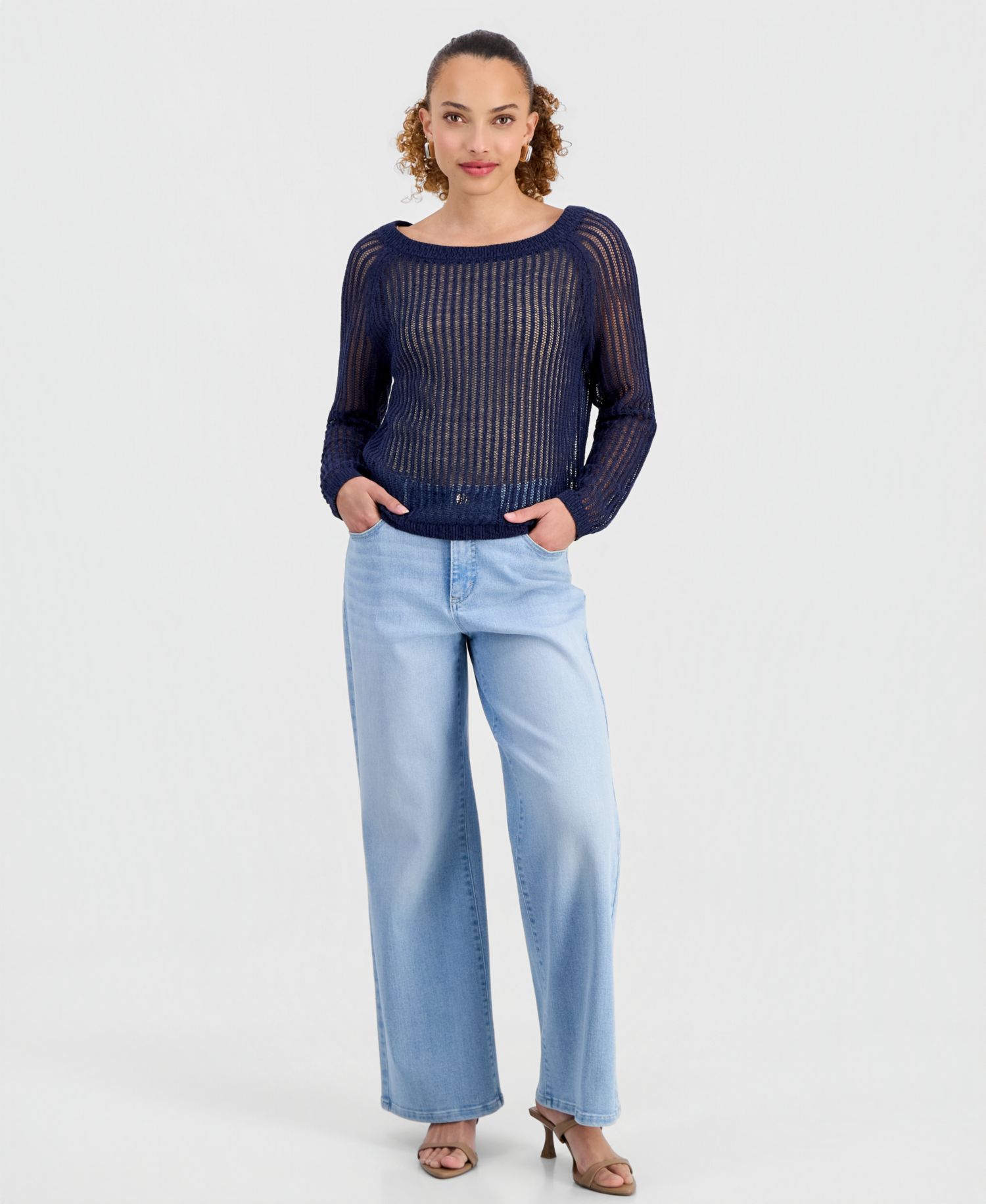 Petite Open-Knit Boat-Neck Sweater