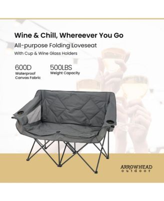  Portable Folding Double Duo Camping Chair Loveseat Couch w/ 2 Cup and Wine Glass Holders, Supports 650 lbs