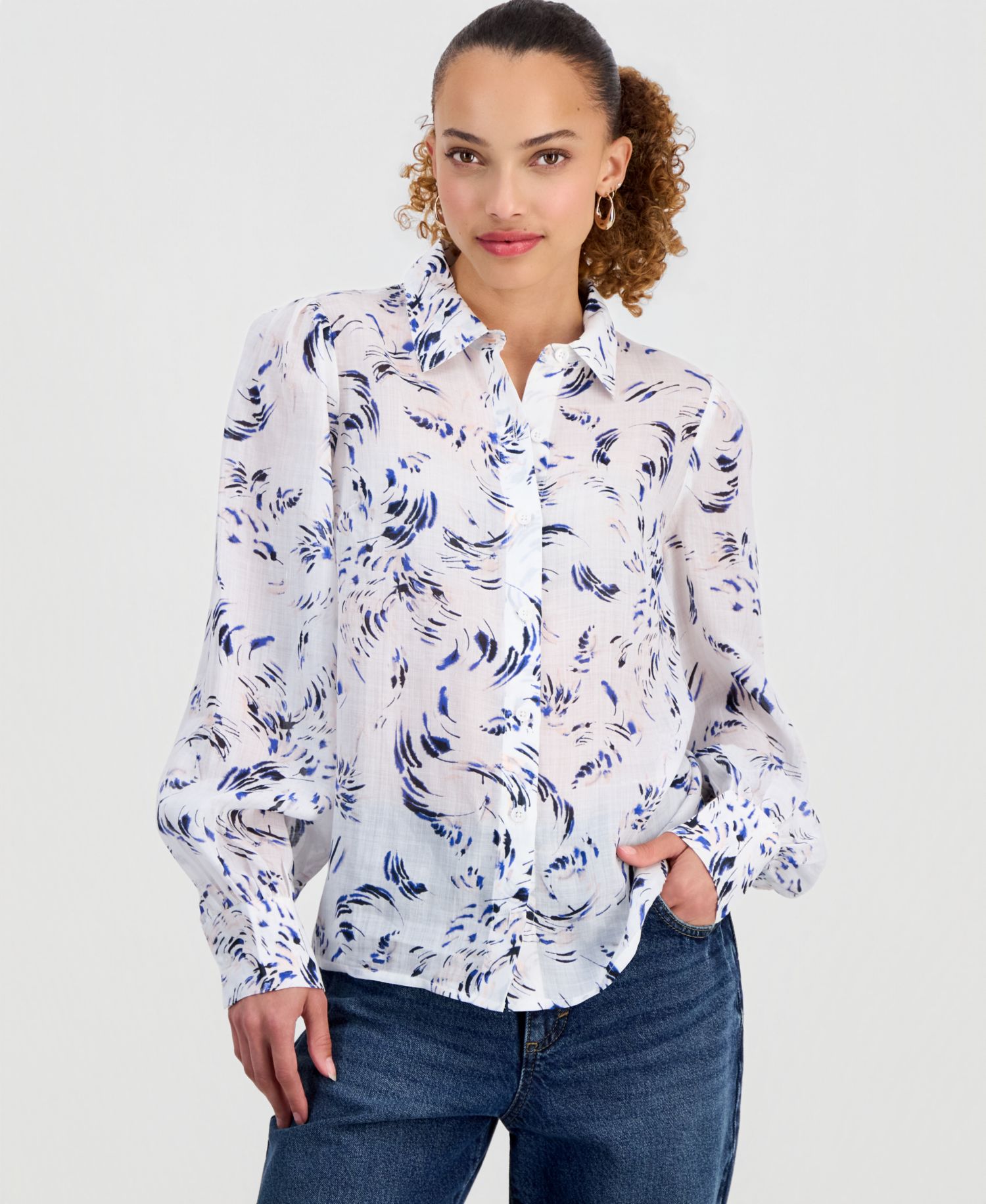 Petite Long Sleeve Printed Ramie Button Down Shirt
