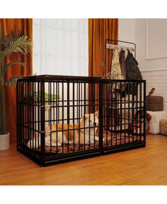 60" Dog House Crate, Heavy Duty Metal Kennel with Roof Door, Removable Trays and Mat