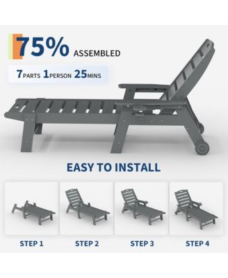 HDPE 5-Position Outdoor Chaise Lounge Chair with Cup Holder and Wheels Set of 2, Resin Pool Lounger for Patio, Garden
