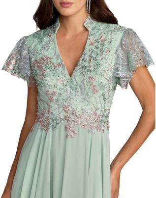 light green floral ruffle v neck maxi dress WEDTREND Women Green Floral Bridesmaid Dress with Ruffle Slit Lace Up Back  A-Line Cowl Neck Corset Long Wedding Guest Dress main image 0