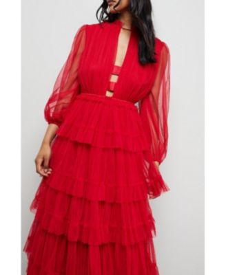 Women's Ruffle Neck Tulle Maxi Dress