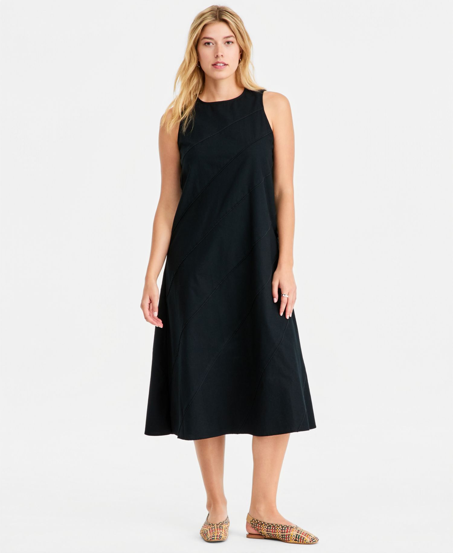 Women's Linen-Blend Diagonal Seam Midi Dress
