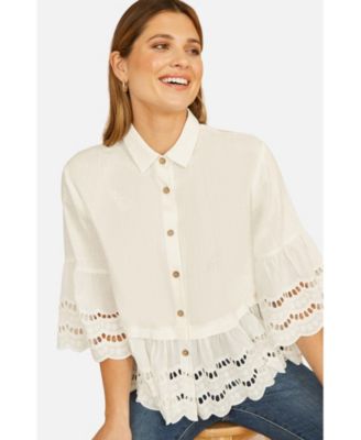 Women's 34 Sleeve Relaxed Scallop Trim Shirt