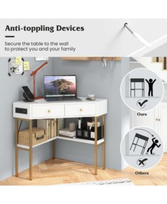Triangular Corner Desk with Charging Station, 2 Drawers and Bottom Storage Shelf