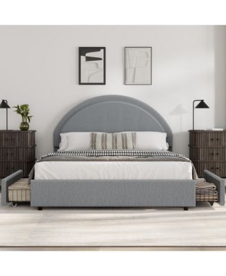 Full Boucle Upholstered Bed Frame with 2 Storage Drawers and Round Headboard, No Box Spring Needed