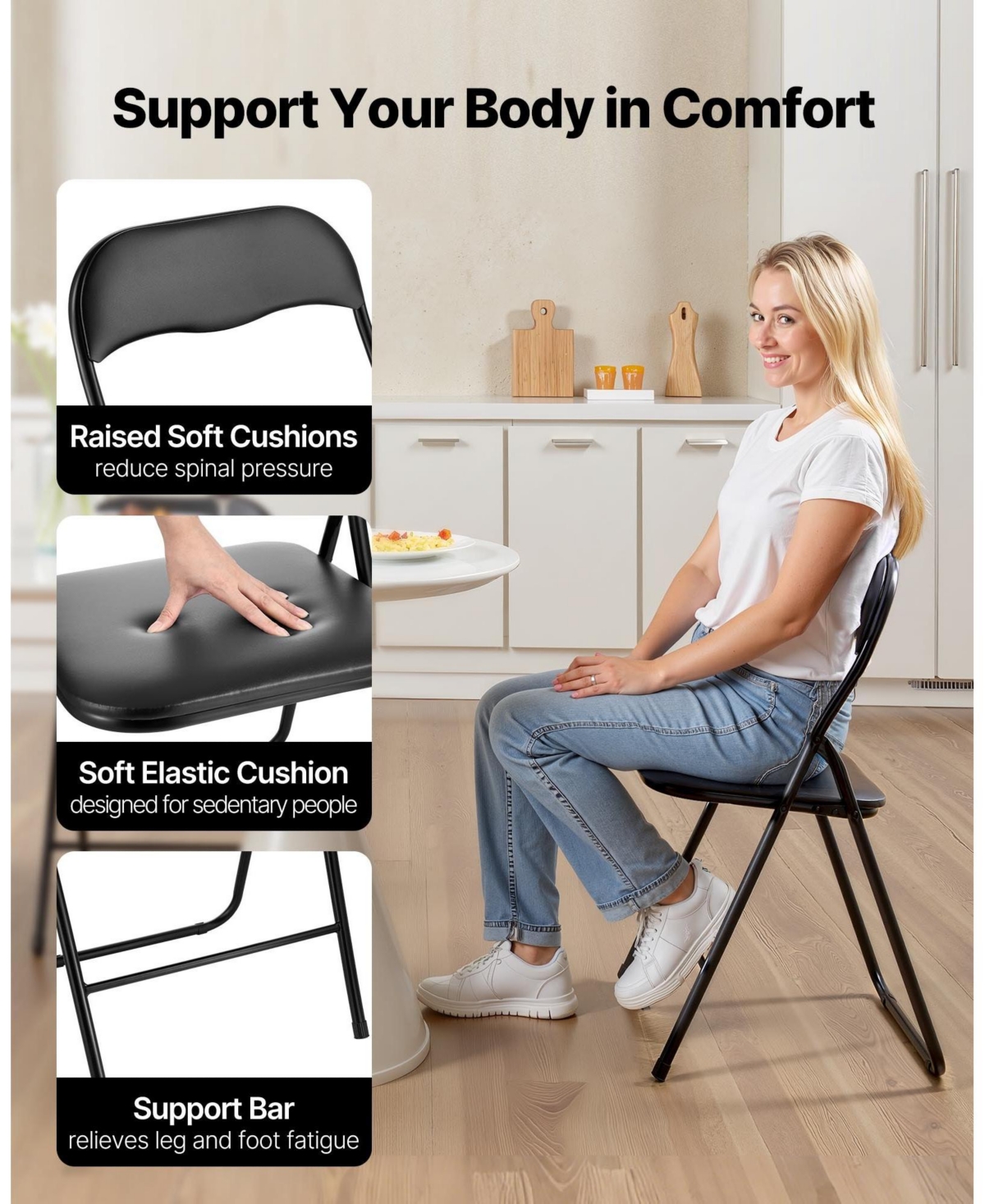 Gouun Padded Folding Chairs Pack of 4 with Faux Leather Cushion and Metal Frame, 350 lb Each