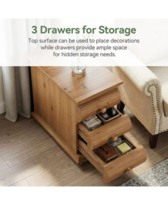 Solid Wood End Table Set of 2, 3 Drawers Narrow Sofa Side Table with Finished Back, Rustic Slim Nightstand Bedside Table