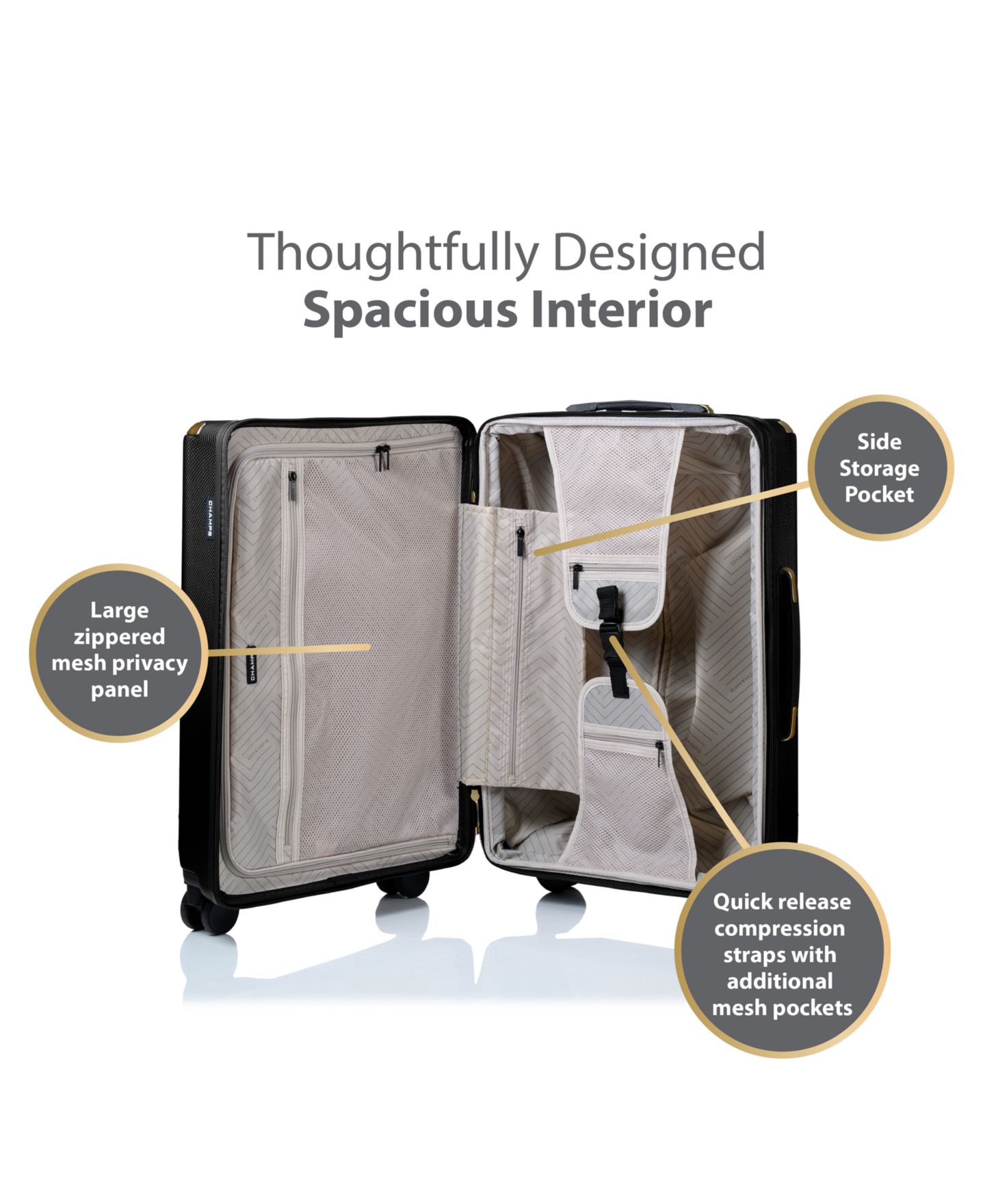 Чемоданы CHAMPS 3-Piece Luxe II Collection Hardside Luggage Set, цвет: Чёрный — фото 12