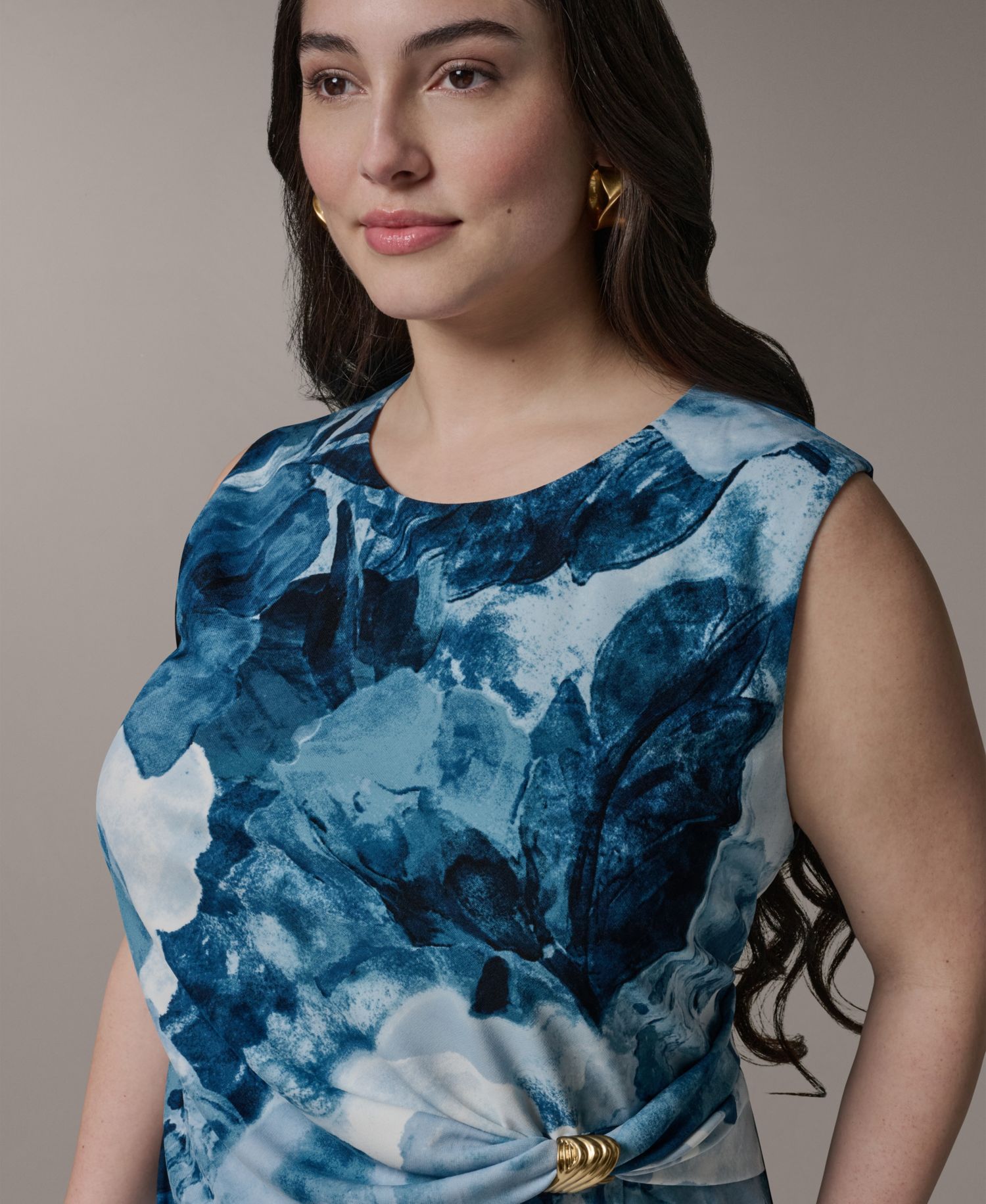 Plus Size Ribbed Knot Hardware Jewel Neck Dress