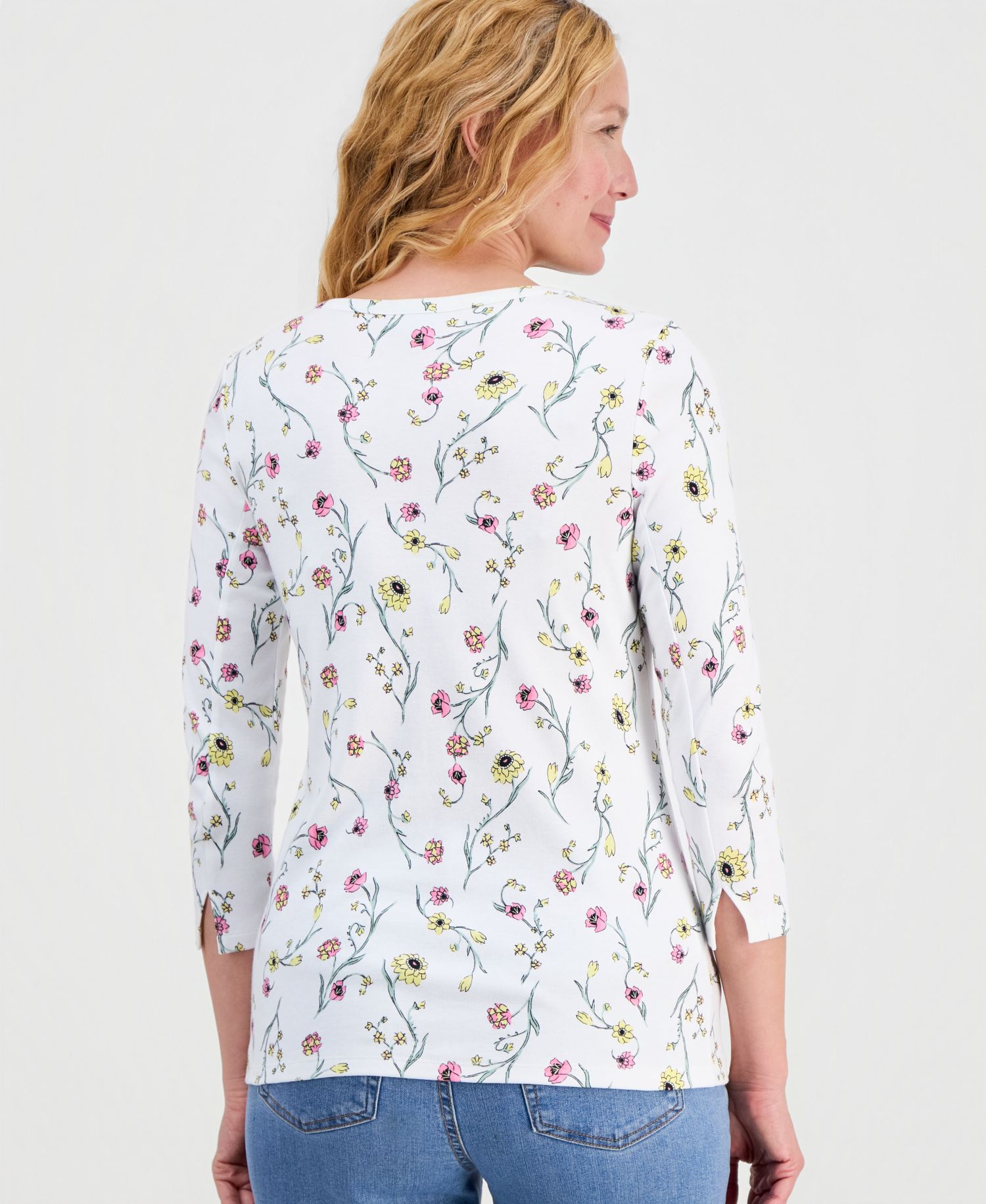 Women's Printed Pima Cotton 3/4 Sleeve Boat-Neck Top