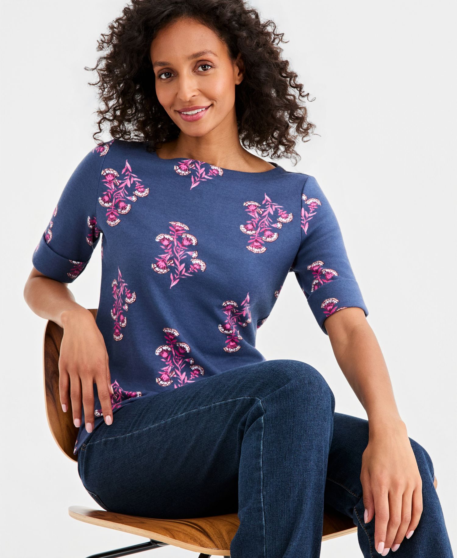 Petite Printed Boat Neck Short-Sleeve Top