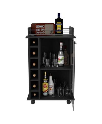 Wengue 2-Tier Glass Door Bar Cart with 6 Cubbies and Lockable Wheels