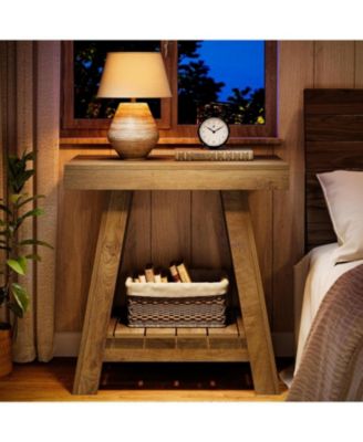 2-Tier Wooden End Table, Farmhouse Style, Rustic Grey, Small Sofa Side Table with Storage, Slim Nightstand