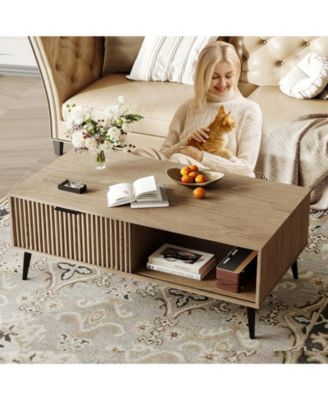 Coffee Tables for Living Room, Farmhouse Center Table with Hidden Storage and Fluted Sliding Door, Dining Table for Home Apartment Office