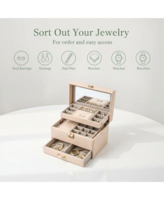 3 Layers Leather Jewelry Storage Box with Mirror Removable Tray Portable Travel Organizer for Women