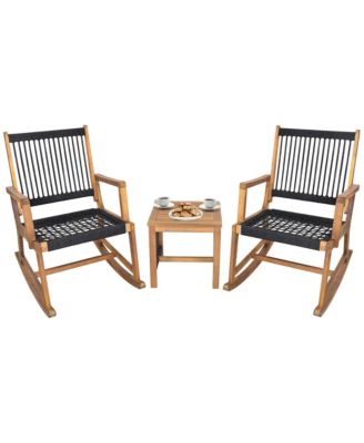 3 Piece Acacia Wood Rocking Chair Set with Coffee Table and All-Weather Rope Patio Poolside