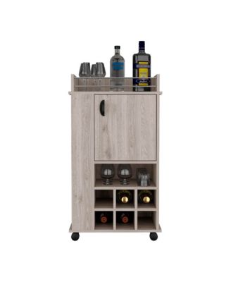 Reese Light Bar Cart with Casters, 6 Wine Cubbies and Single Door Cabinet, Rolling Serving Cart for Home Bar