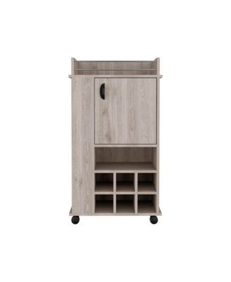 Reese Light Bar Cart with Casters, 6 Wine Cubbies and Single Door Cabinet, Rolling Serving Cart for Home Bar