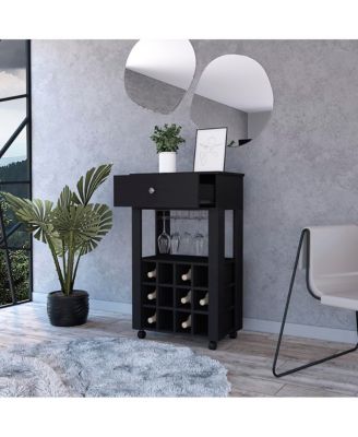 Wengue Bayamon Bar Cart with 12 Wine Cubbies, 4 Legs and 1 Open Shelf