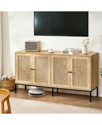 Rattan Cabinet, Rattan Storage Cabinet with 4 Magnetic Doors and Adjustable Shelves, Sideboard Buffet Cabinet for Hallway, Entryway, Living Room
