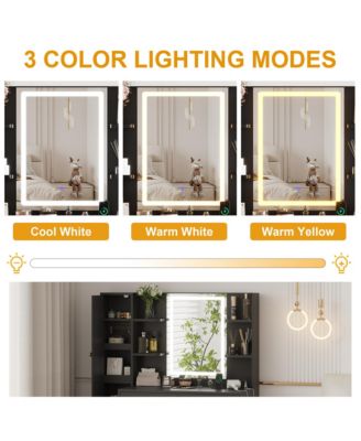 Modern Vanity Desk with LED Lighted Mirror - 3-Color Dimmable Lighting, USB Charging Station, Hidden Jewelry Cabinet, Drawers and Shelves