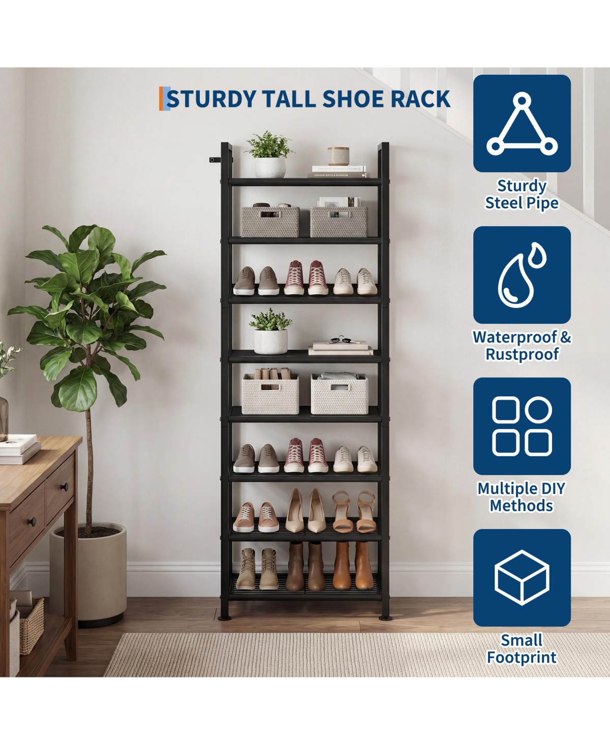 Homfan Metal Shoe Rack with Adjustable Flat or Tilt Shelves, Space Saving Shoe Storage Organizer for Entryway