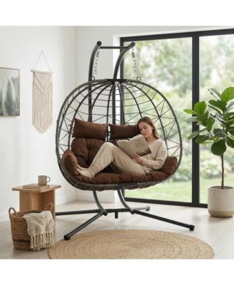 Oversized 2-Seater Hanging Egg Chair with Stand and Cushions, Double Swing Chair for Indoor and Outdoor Use in Bedroom, Balcony and Garden