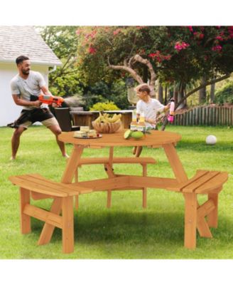 6-Person Round Picnic Table Set with 3 Built-in Benches and Umbrella Hole