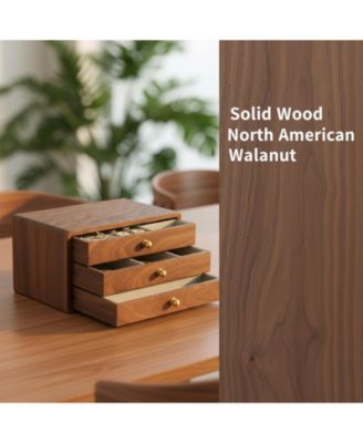 Solid Black Walnut Jewelry Organizer Box 3 Drawers Velvet Lined Brass Handles Large Storage