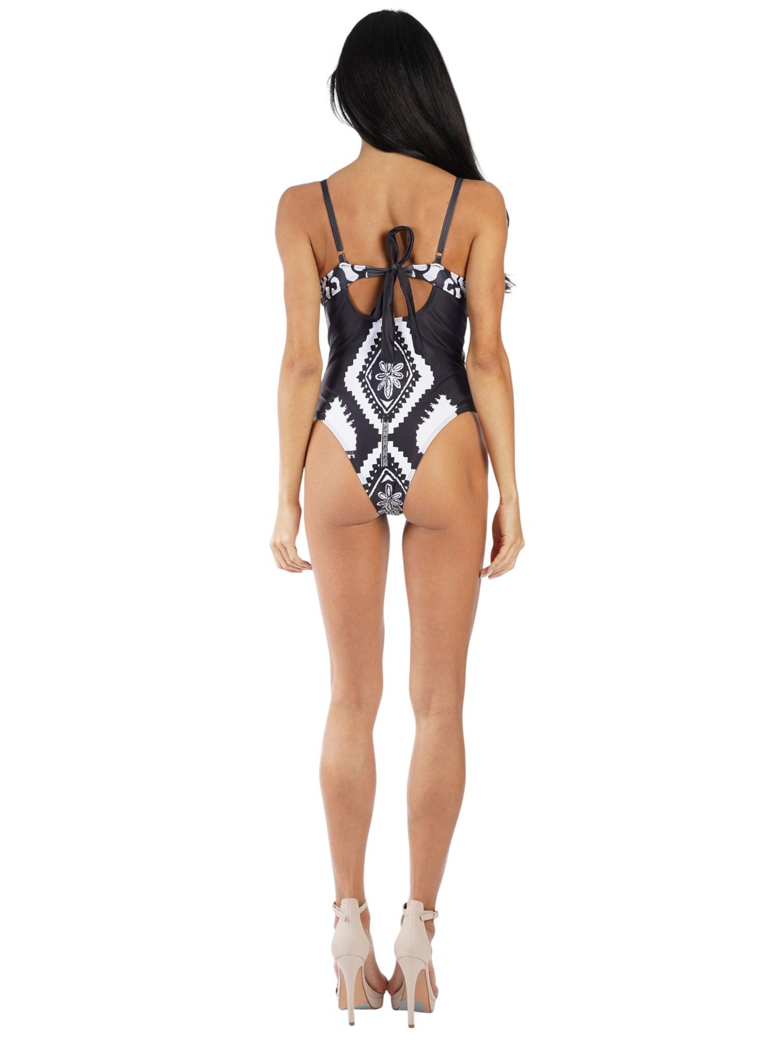 Women's Black and White Cut-Out One Piece Swimsuit - Designer Resort Swimwear