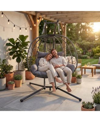 Double Hanging Egg Chair, Oversized 2-Person Indoor Outdoor Hammock Swing Chair with Stand and Cushions for Bedroom, Balcony, Garden