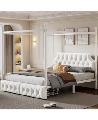 Metal Canopy Platform Bed with Upholstered Headboard and Two Storage Drawers
